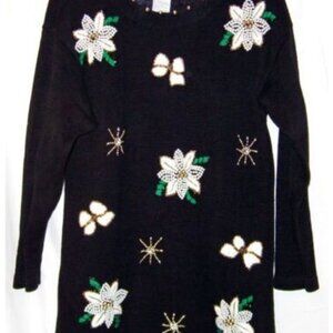 Victoria Jones Petite Size PM M Womens Sweater Black Long Beaded Floral Design